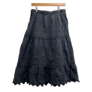 JASON WU Black Eyelet Crochet Embroidered Tiered Midi Skirt Medium Stretch